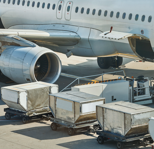 Paletes de carga aérea em pátio aeroportuário